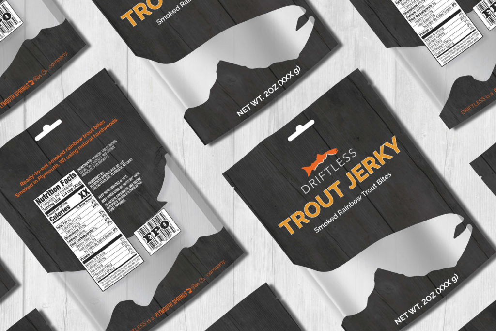 Driftless trout jerky packaging with background